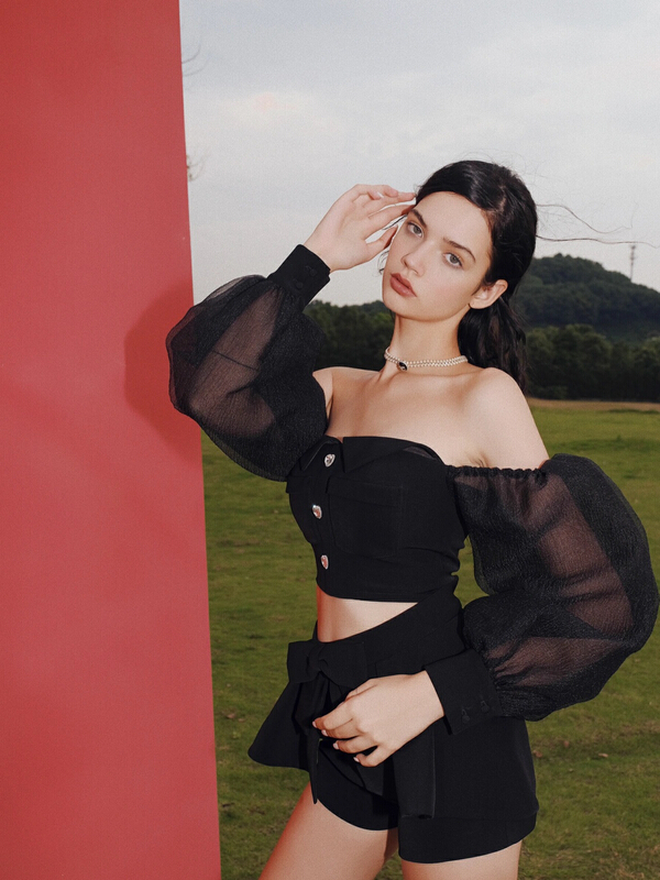 goods in stock! New in early summer! [Alala] a small number of people designed a sweet one shoulder bubble sleeve mesh blouse s911-1# JJ