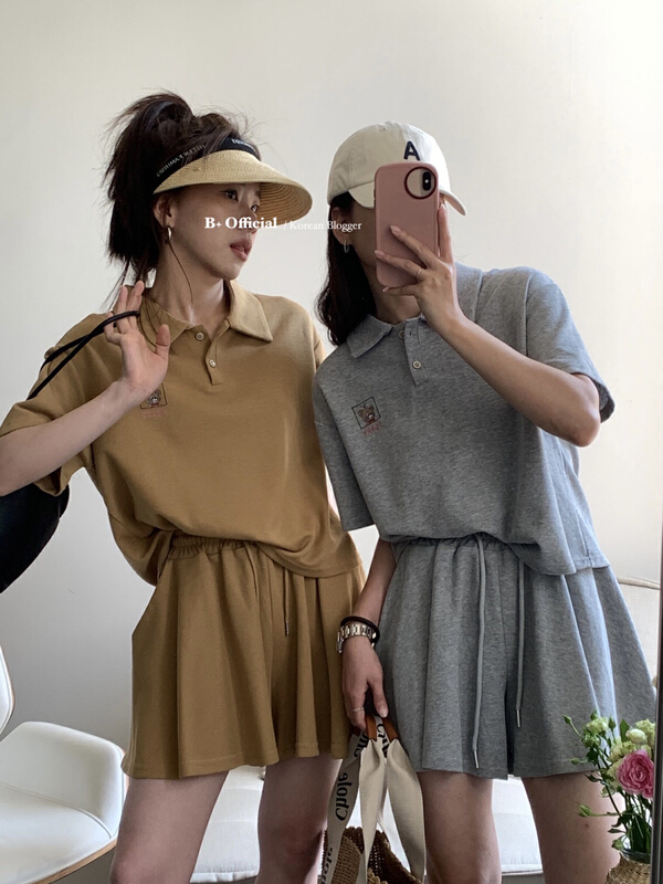 [B plus] lazy aging pol collar short sleeve T-shirt + versatile casual Shorts Set 22-9262-2# HBx
