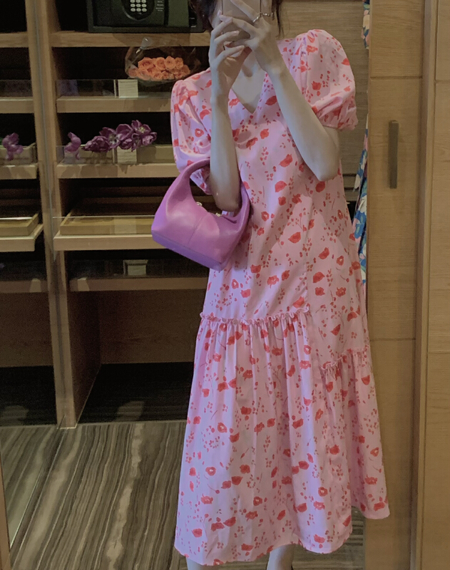 [finoa] Korean casual lovely sweet V-neck fashion floral dress 10376# CLS