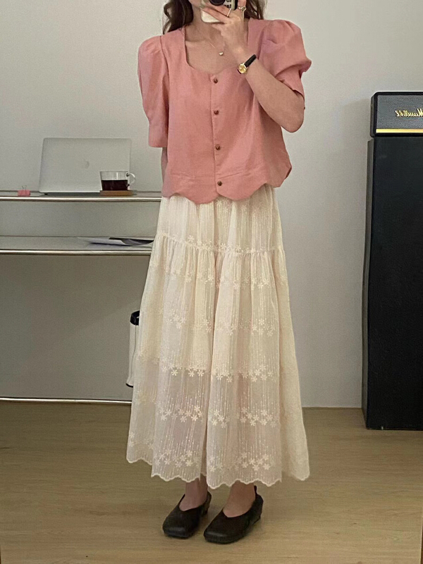 [tototellme] Korean simple embroidered skirt 24132# HBx