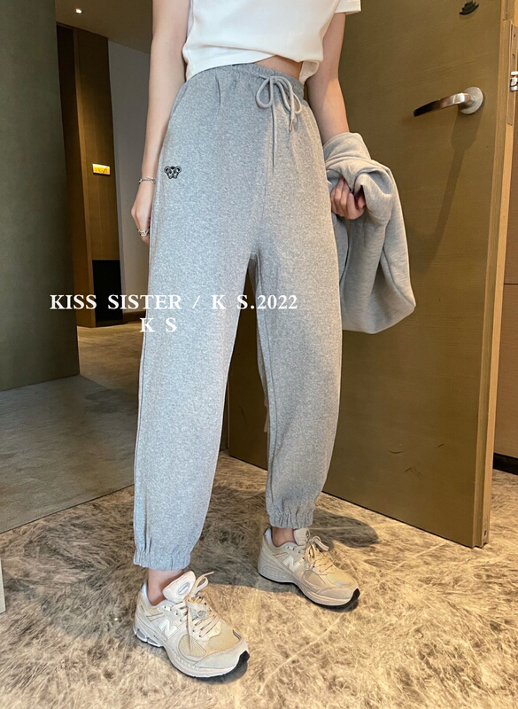 早春上新!【KISS SISTER】抽繩鬆緊腰刺繡休閒褲  9018#  OZQ