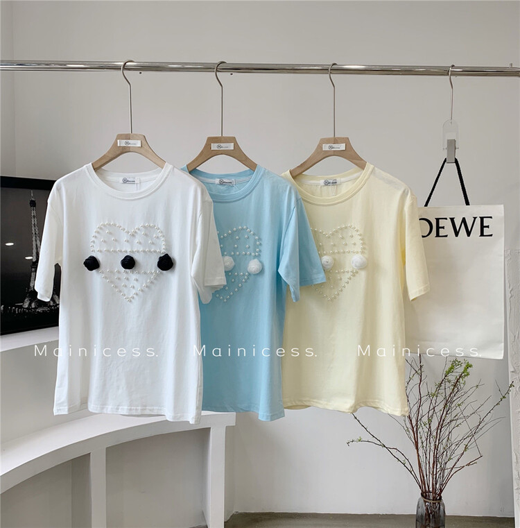New year in early spring! [mainicess] sweet and versatile Japanese design nail bead short sleeve T-shirt 2789# CLS