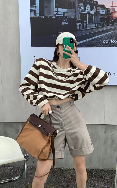 New in early summer! [Hello cherry chelizi] Korean versatile stripe long sleeve T-shirt (with chain) ff093# WTT
