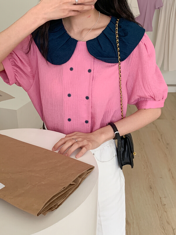 New in early summer! [Tn] fashion contrast color baby collar shirt c2410# cqw
