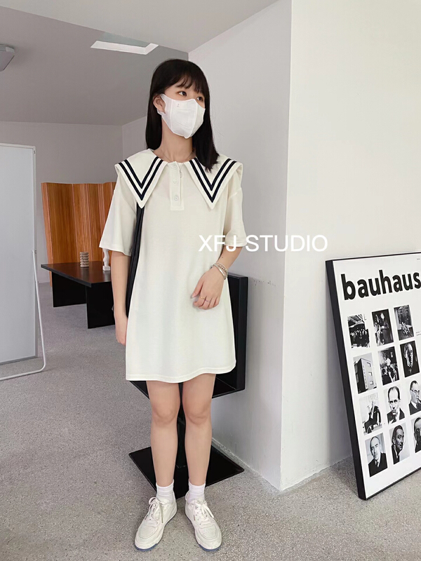 [Xiaofan family] stripe Navy collar short sleeve dress 6130# LSW