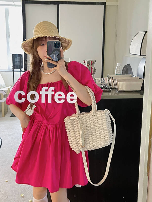 [YJ. Simple] sweet loose foam sleeve square neck dress 3065# ozq