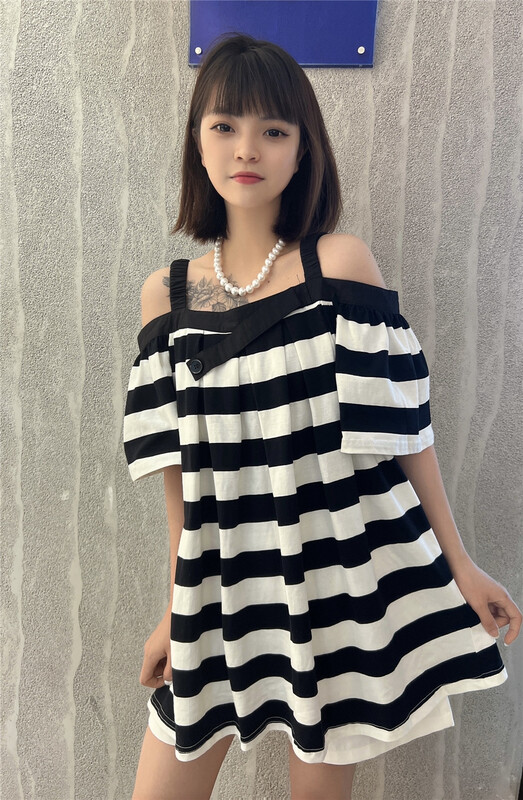 [Xixi studio] stripe fashion off shoulder short sleeve T-shirt 8932-1# XYJ