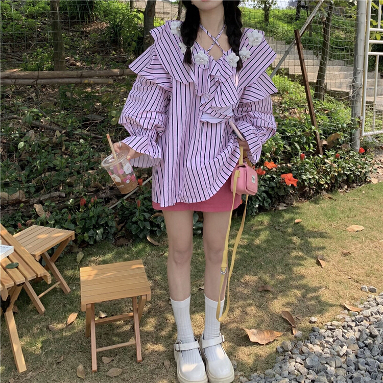 [timely rain] Han Feng's sweet design sense heavy industry Ruffle three-dimensional flower shirt 02375# WPL