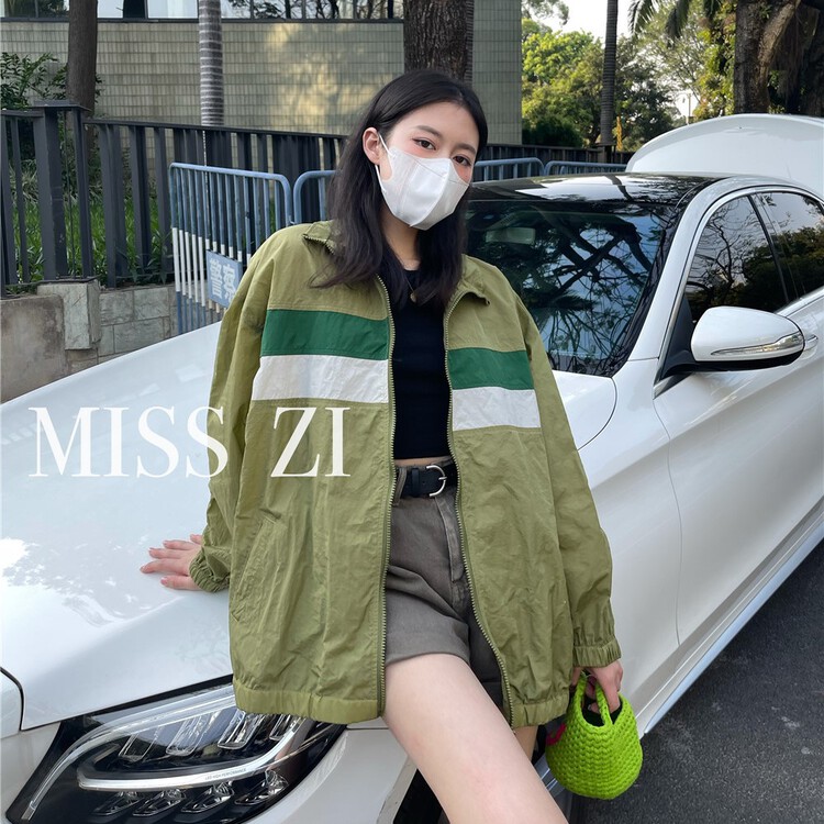 [miss Zi] personalized color blocking loose zipper sunscreen shirt 2339# cqw