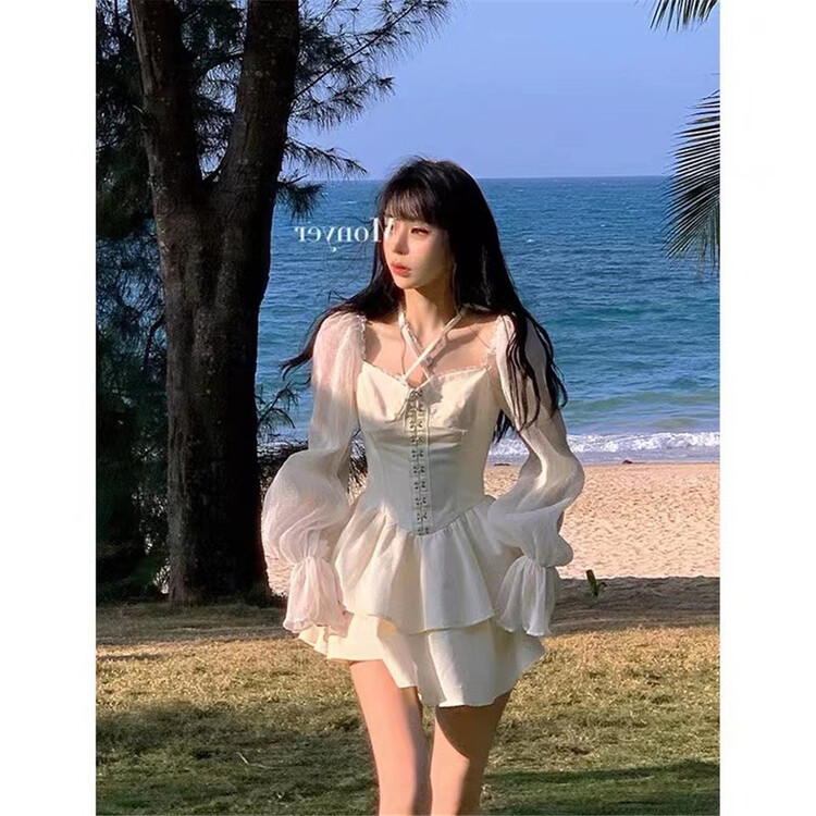 [tangtangtangjia] temperament square neck bubble sleeve hanging neck dress 2939# PCZ