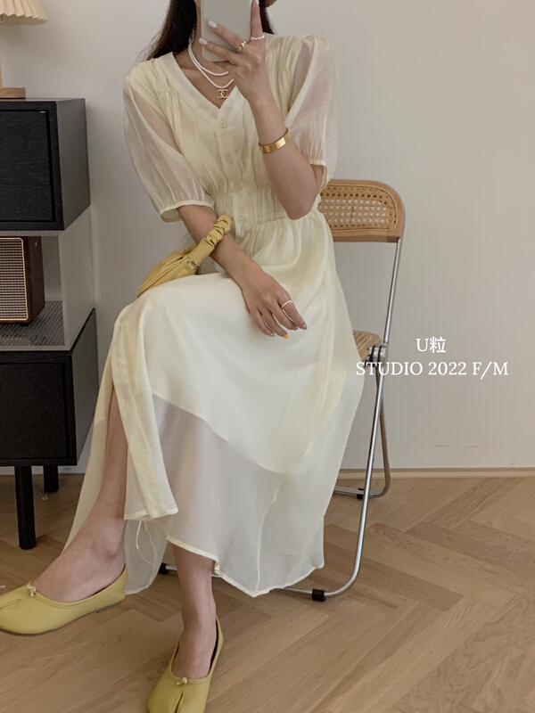 [U grain] V-neck single breasted lady Pleated Dress ys1-5597# HBx