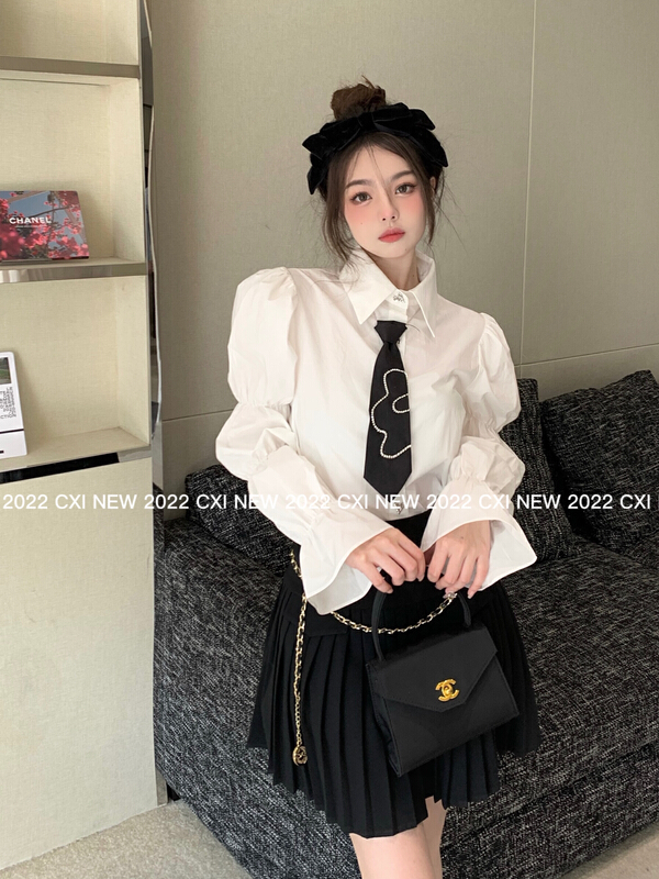 Original price 111.97! New year in early spring! [CXI] Korean lantern sleeve design shirt (with tie) a9069# jhy