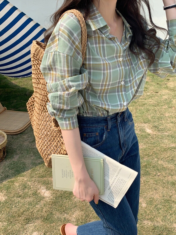 New in early summer! [miss sumey millet] Korean casual Plaid single Pocket Shirt 2378# HBx