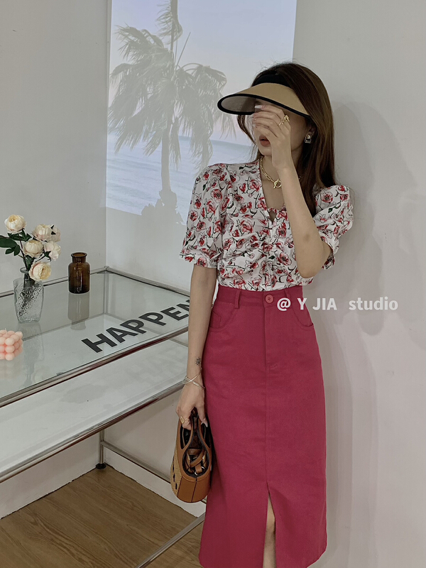 "Y.JIA ijia" gentle v-neck floral shirt Joker slit skirt suit (only sell suits) 8988# PCZ