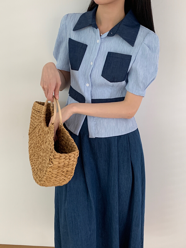 [new open] Korean minority polo collar single row button contrast color waist closing bubble sleeve shirt wy22585# zxl