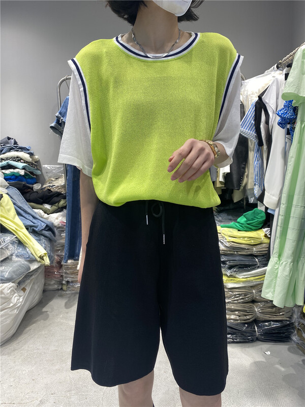 [D +] casual simple ice silk loose contrast short sleeves + casual Shorts Set 99999# lwy