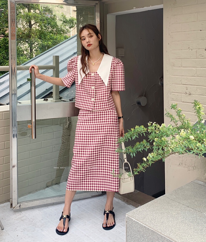 New in early summer! [Yiwan y.von] Vintage Fashion Top + Plaid versatile skirt suit 9909# XJ