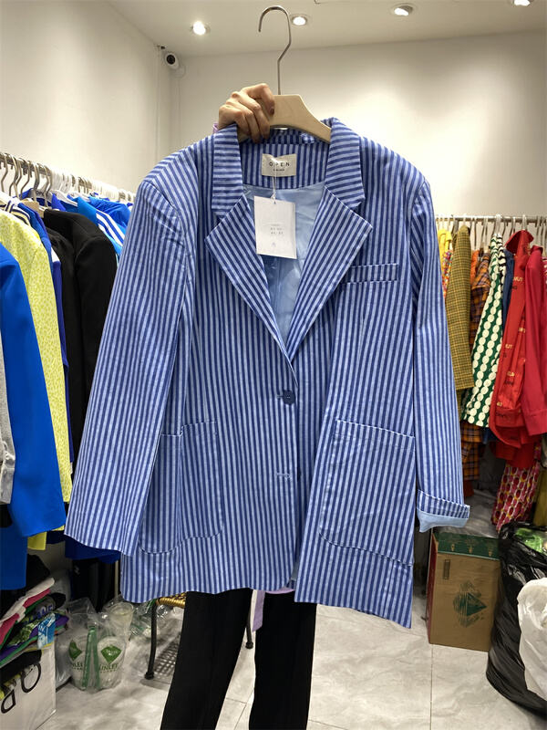 New in early spring! "OPEN" striped Korean version of the row buckle suit YS1-8222# OZQ