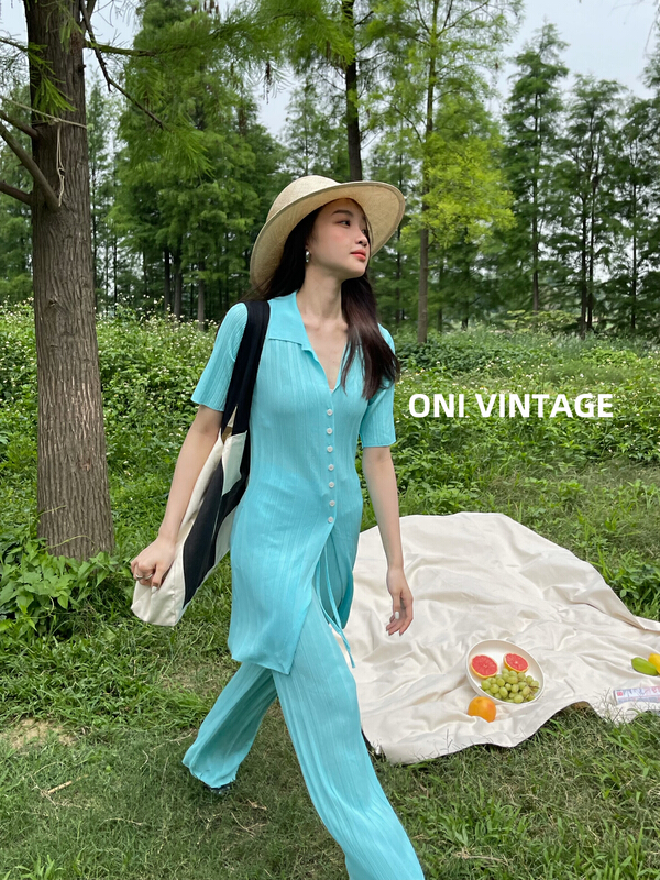 [onivinage Erni] slim knit cardigan + loose wide leg casual pants set ow224n5404# zxl