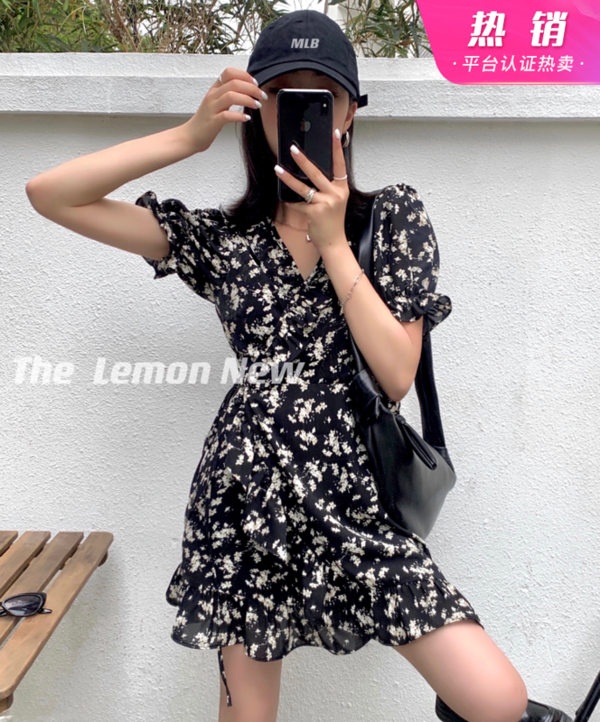 [lemon green tea] French floral V-neck dress 2158# hjy