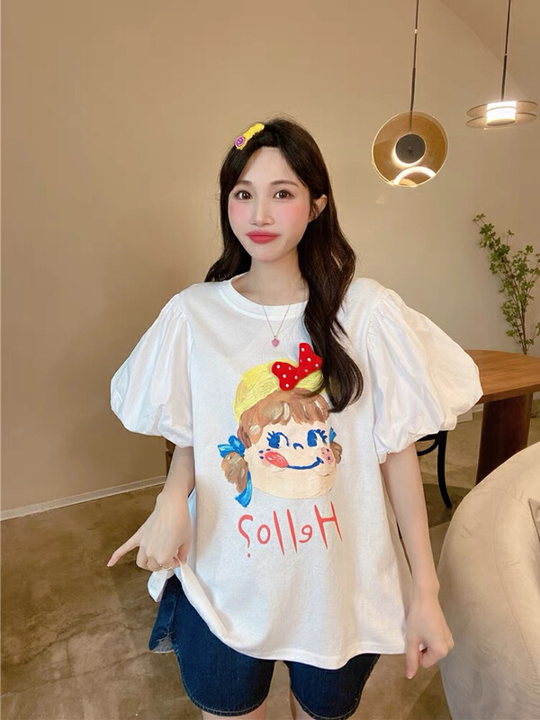 [savage] Korean round neck little girl letter print stitching three-dimensional bow bubble sleeve loose short sleeve T-shirt ys1-e8258# WPL