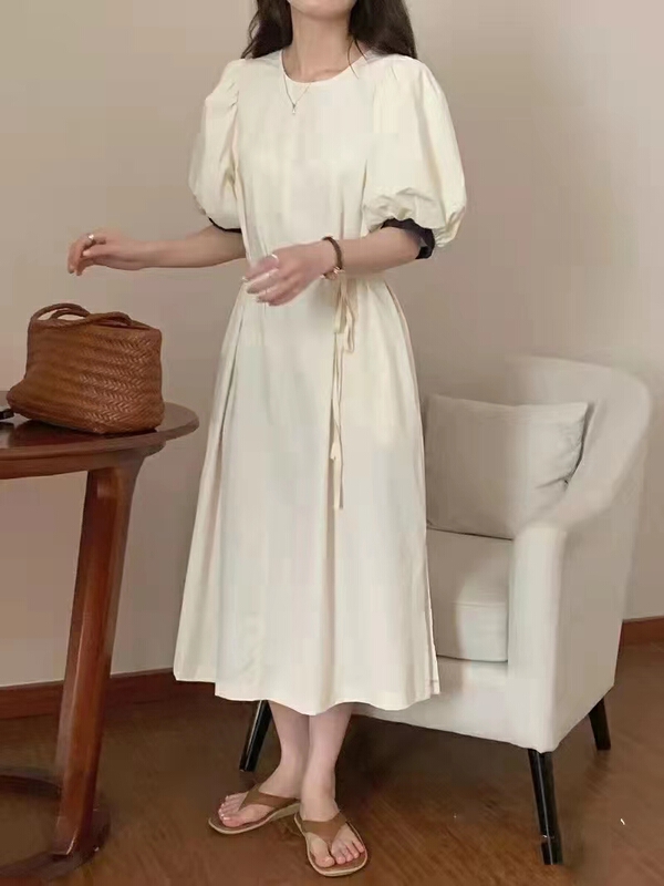 [baby] Korean color matching edge bubble sleeve dress (with waist rope) 8553# WTT