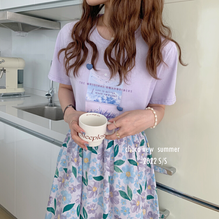 New in early summer! [choco] little fresh love printed short sleeve T-shirt (with Brooch) 8250# HBx