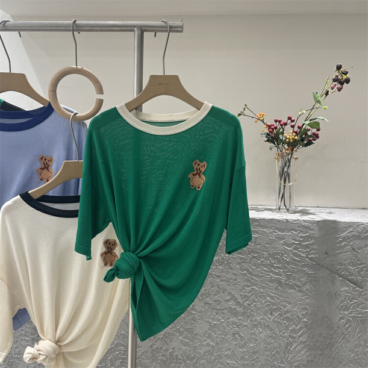 New in early summer! [Weika] Korean version of INS bear contrast loose Pullover short sleeve T-shirt 8065# lwy