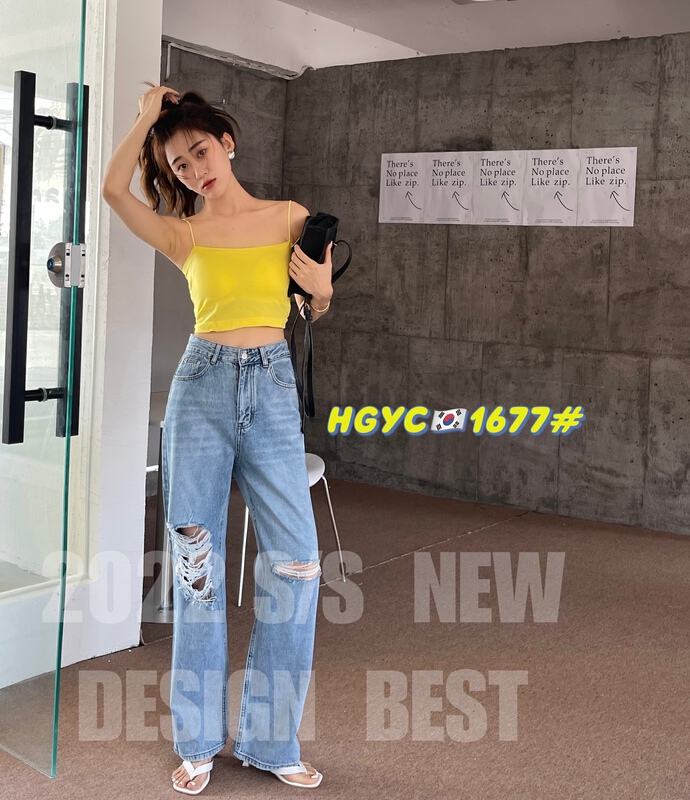 New in early summer! [original in Korea] Korean fashion wide leg jeans with big holes 1677# L