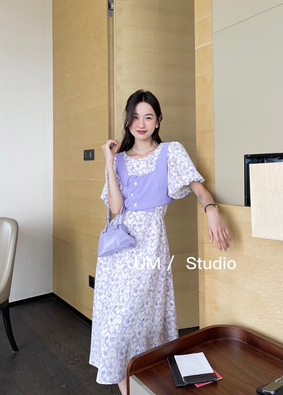[um micron] Korean style single breasted simple short Vest + bubble sleeve floral dress two-piece suit 88252# hjy