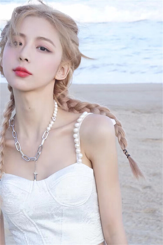 [clothing] French retro pearl chain navel vest / sling 883# PCZ
