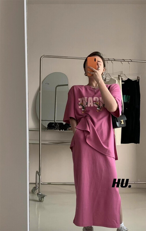 【HU.】 Letter cartoon short sleeve T-shirt + casual skirt two piece suit 2299# cqw