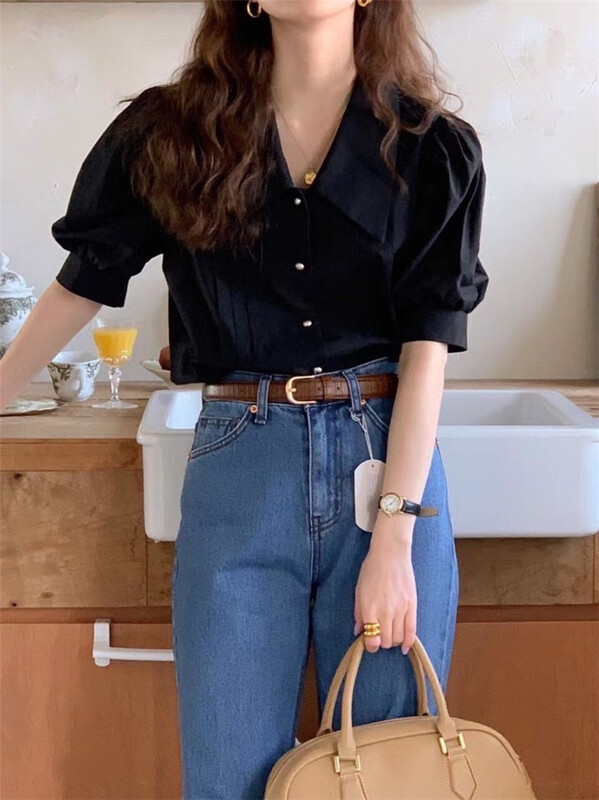 [Selene] bubble sleeve single breasted sweet blouse 202255# XYJ