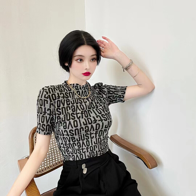 [fan fan] fashionable full lettered print pattern hot girl versatile blouse 5556# JJ