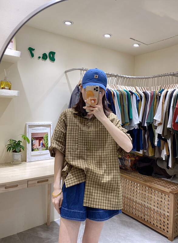 [da. 7] cotton linen small check loose short sleeve shirt 2525-1# LSL