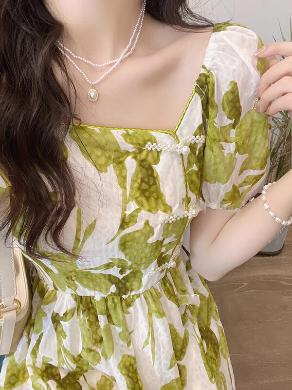 [jun.t] new Chinese style classical oil painting green temperament off shoulder dress 6049# PCZ