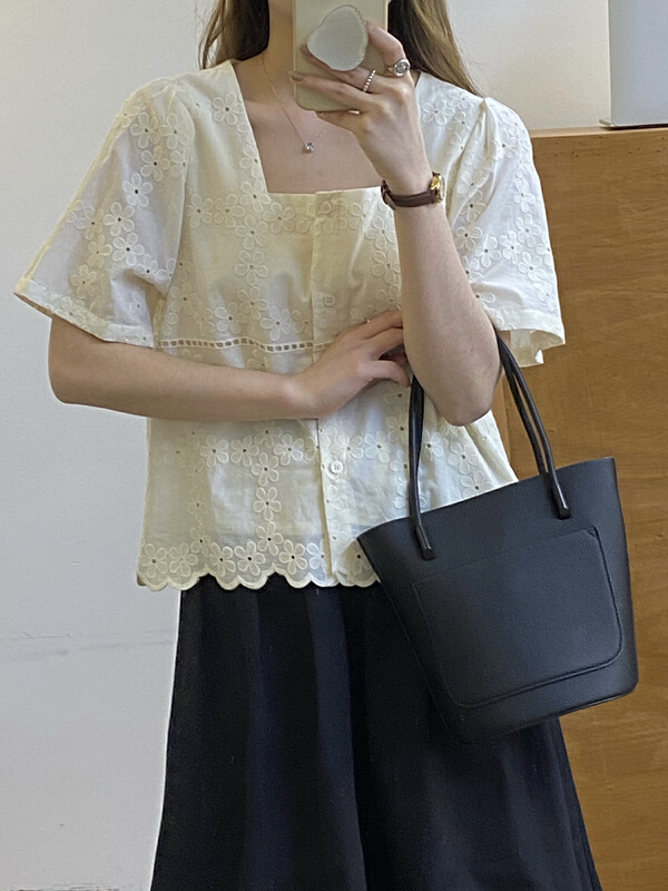 New in early summer! [tototellme] Korean embroidered Square Neck Shirt t20273# HBx