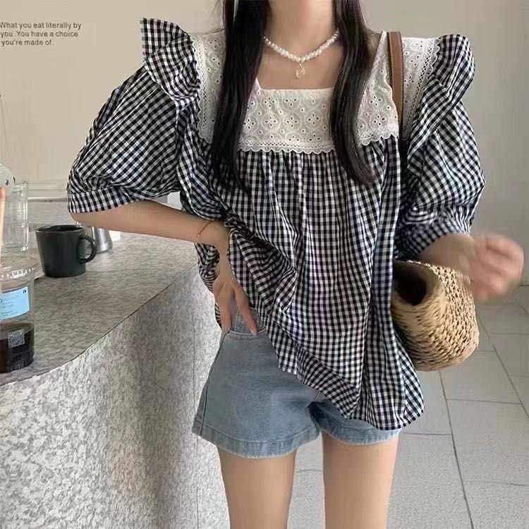 [misu +] square neck Pullover plaid shirt 80553# ZZL