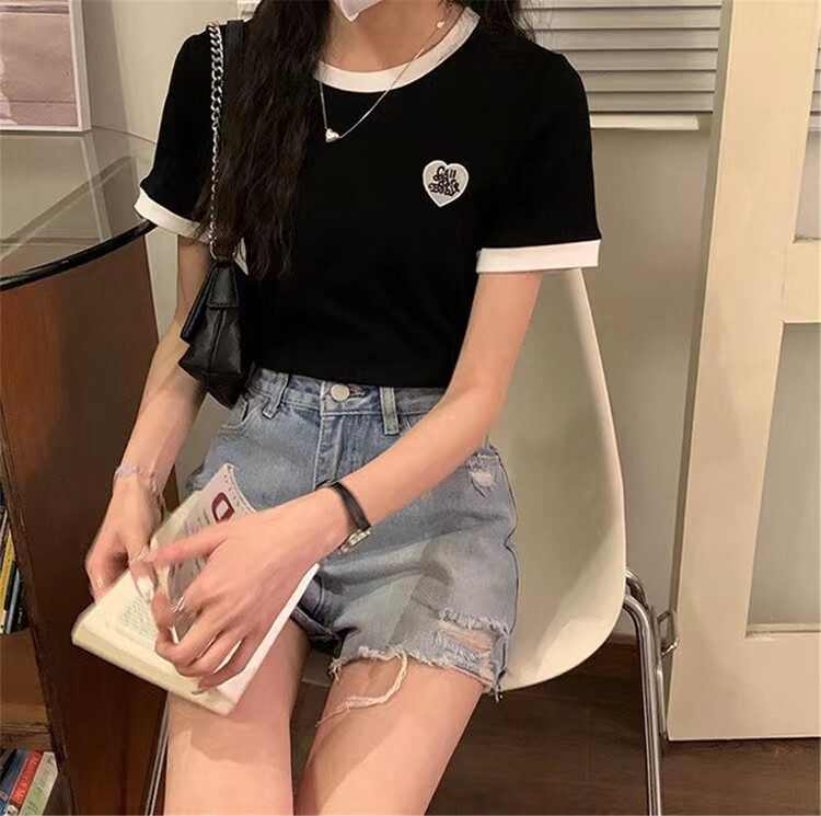 [six plus] simple and versatile color matching comfortable short sleeved T-shirt 8029# CLS