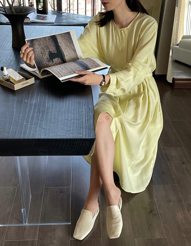 [Hello September] simple solid color single breasted dress (with waist rope) m2415# CLS