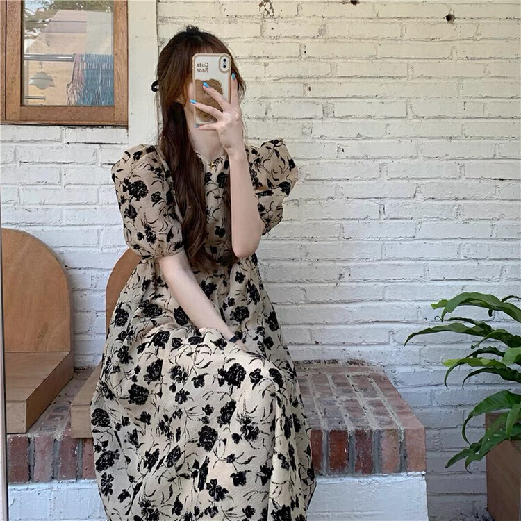 New in early summer! [L.L studio] Korean French retro bubble sleeve round neck dress 7609# PCZ