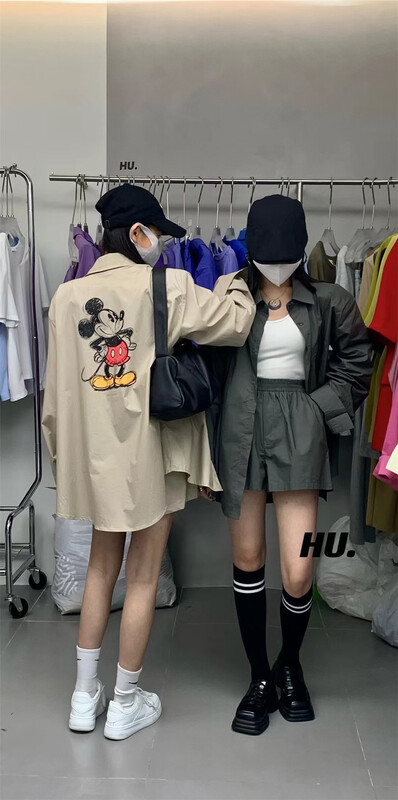【HU.】 Korean cartoon printed loose shirt + casual shorts two piece suit 2298# cqw