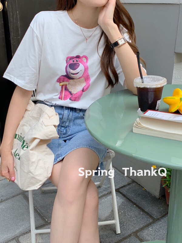 [thankq] Pullover bear print short sleeve T-shirt 22076# ZSY