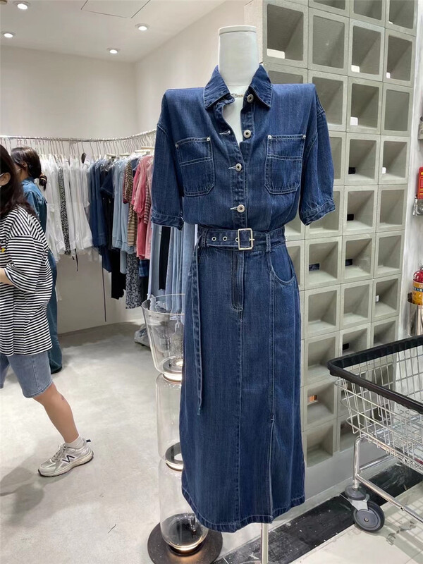 goods in stock! New in early summer! [GDN] vintage style short sleeved Denim Long Dress (with belt) f128# ozq