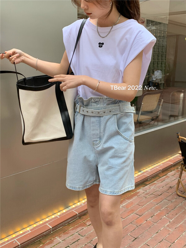 New in early summer! [t.bear] Korean style high waist thin versatile denim shorts (with belt) 21031# zxx