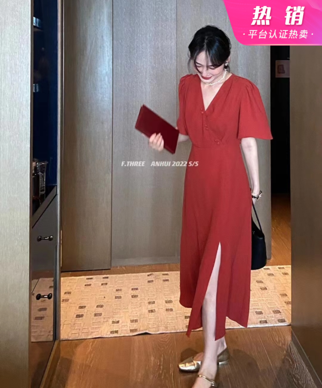 [f.three] V-neck slim hem split design dress 95203# XJ