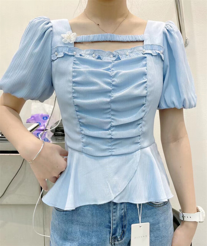 [purple edge] square neck temperament pleated shirt 6263# zxx