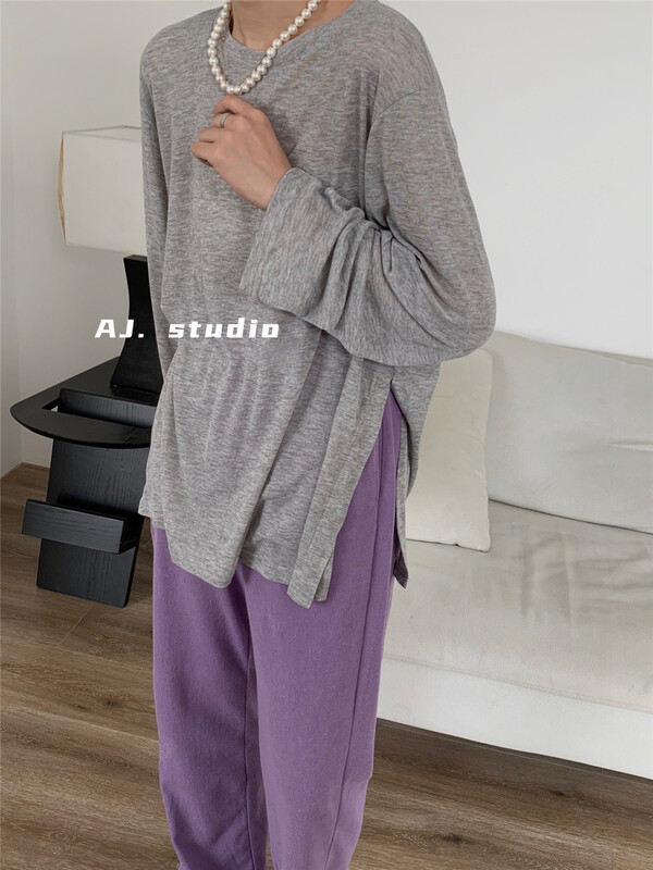 [AJ. Studio] round neck loose net long sleeve T-shirt 9190# ll