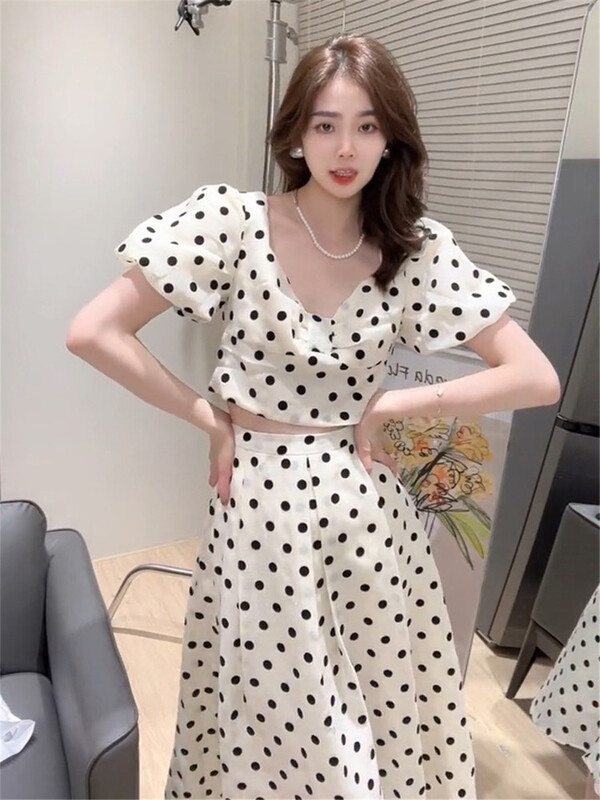 [Sumi] French wave point bow tie blouse + medium length skirt suit 22582# zjy