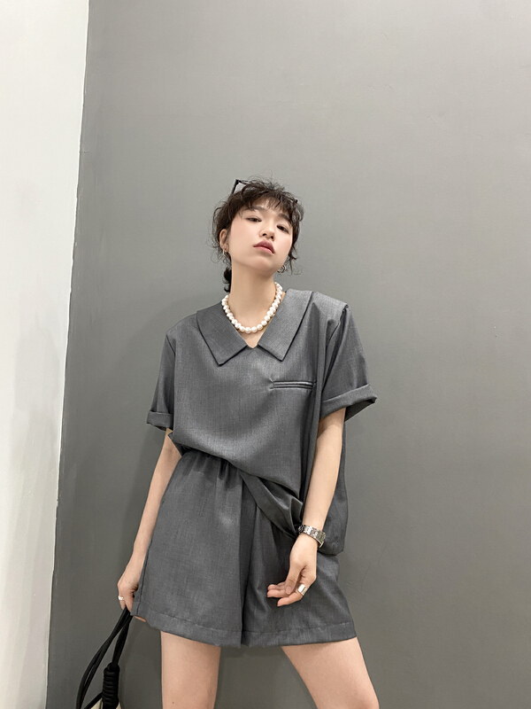 [b.boom] baby collar design casual Top + slim Shorts Set 2723# ozq
